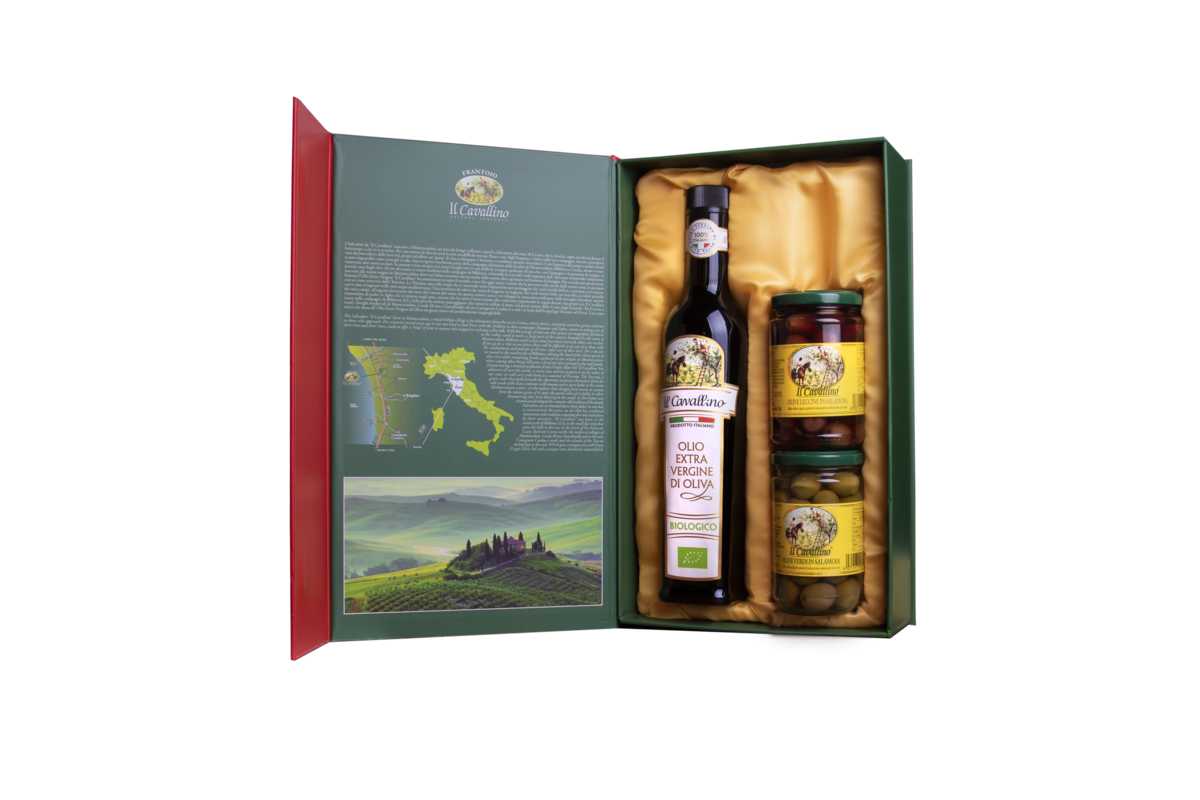 Confezione Regalo 1 bottiglia Cavallino Biologico 0.500ml
e 2 vasetti di Olive nere in Salamoia